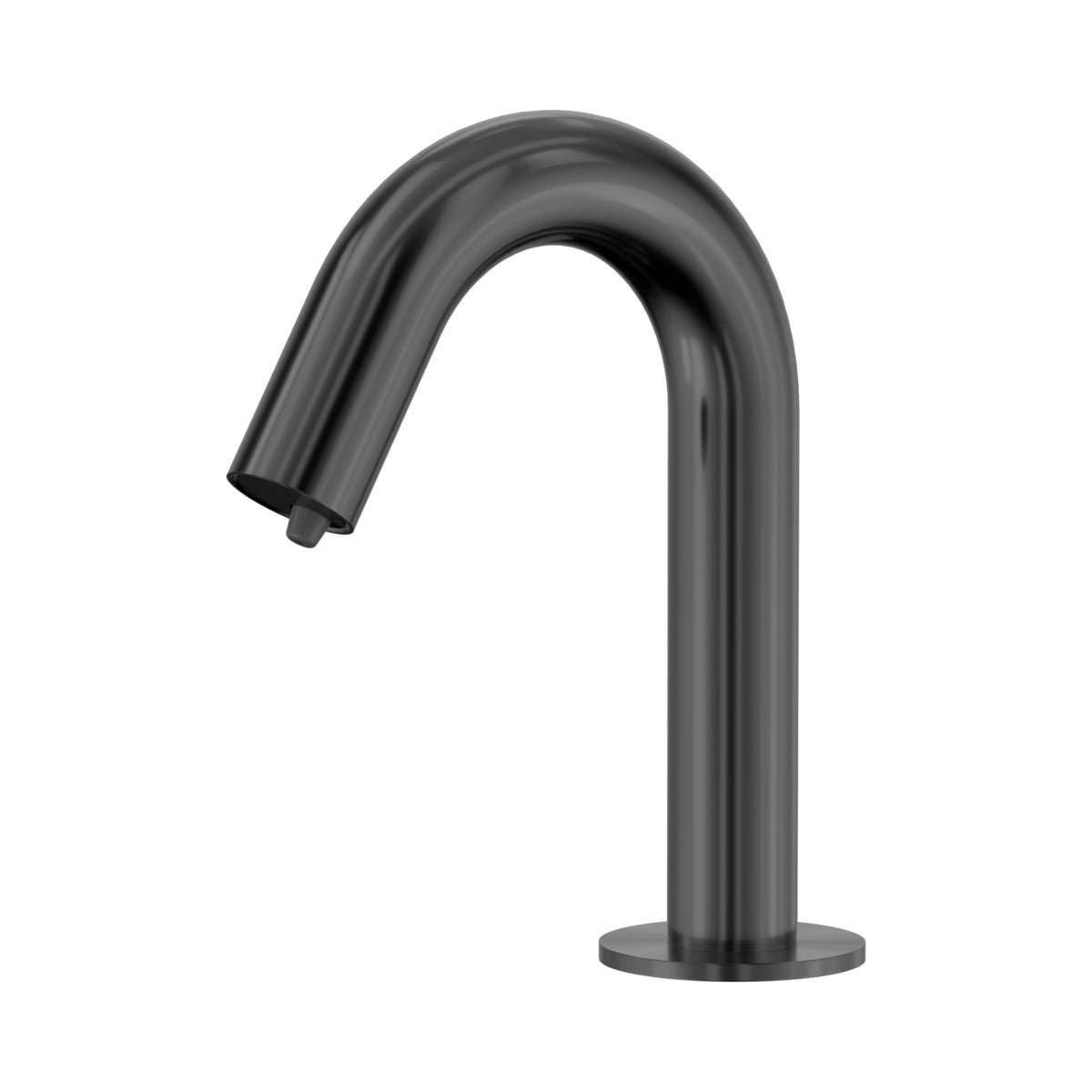 Nero Mecca hob mounted sensor soap dispenser in gunmetal, with curved spout and round base on white background