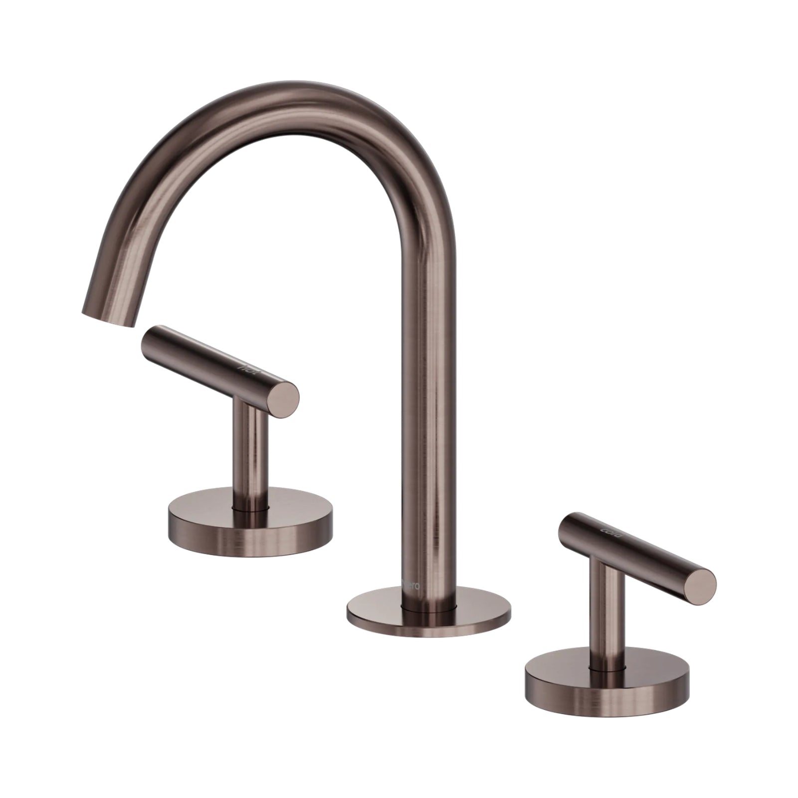 Nero Mecca 3-piece basin set in brushed bronze, with arc spout and two lever handles, on white background