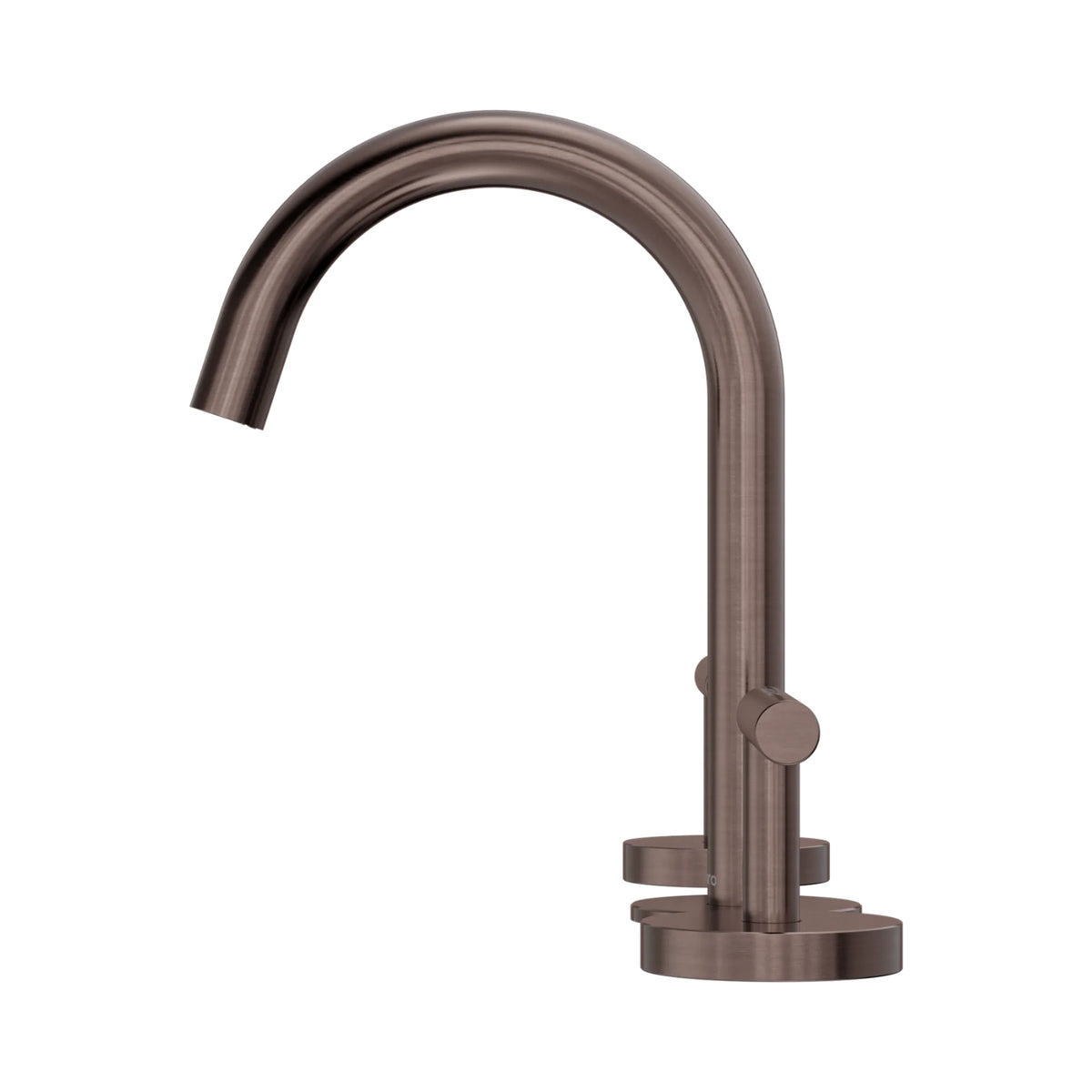 Nero Mecca arc basin set in brushed bronze, with curved spout and lever handle on a white background