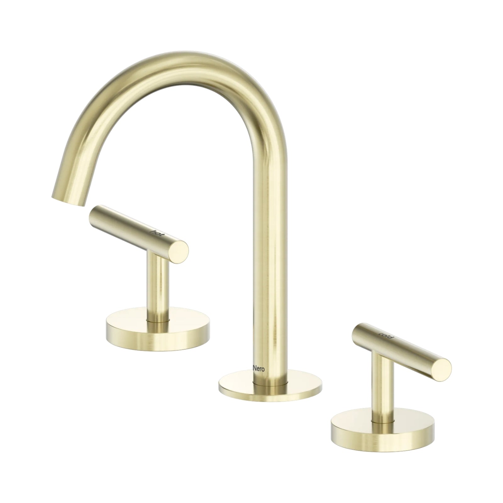 Nero Mecca 3 piece basin tap set in brushed gold, with arc spout and two lever handles on round bases
