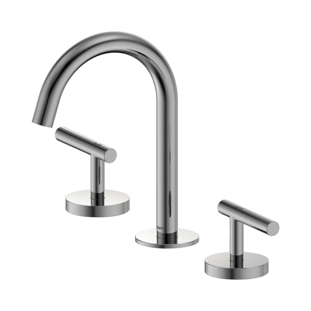 Nero Mecca chrome 3 piece basin tap set with arc spout and twin lever handles on round bases