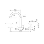 Technical drawing of Nero Mecca chrome 3 piece basin set with arc spout, showing dimensions and side views