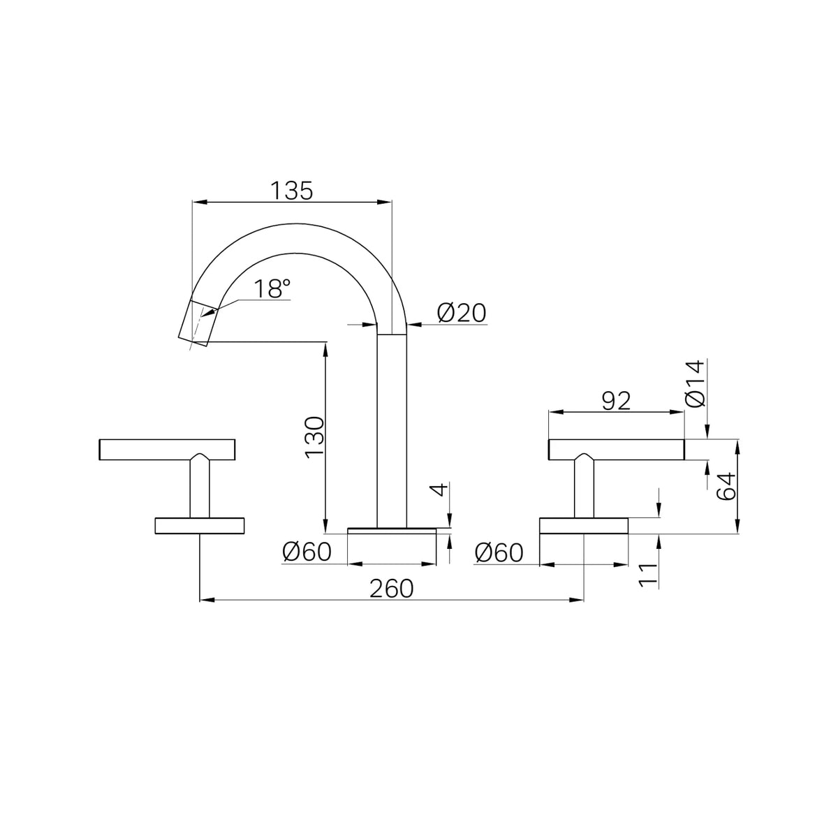 Technical drawing of Nero Mecca chrome 3 piece basin set with arc spout, showing dimensions and side views