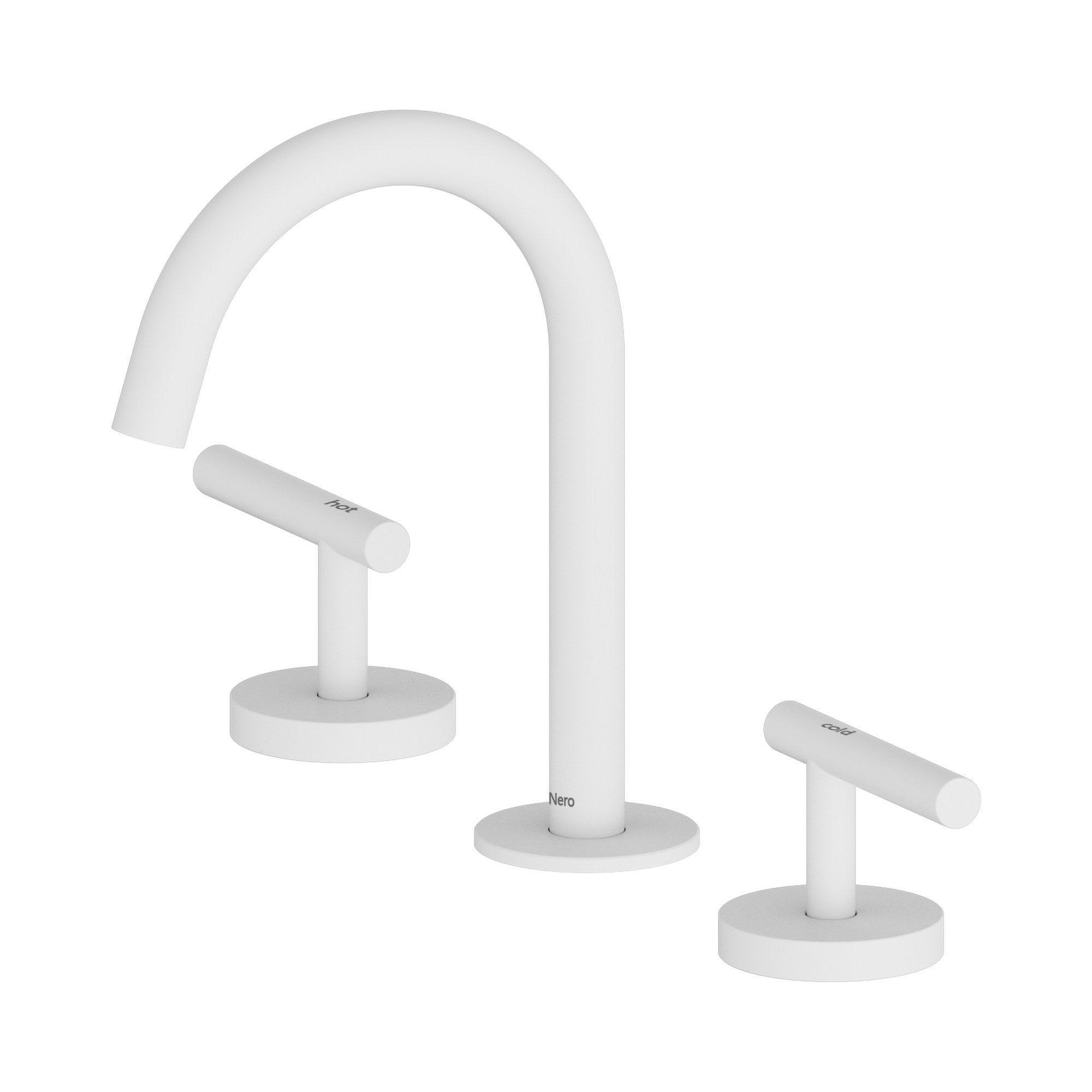Nero Mecca 3 piece basin set in matte white with arc spout and two lever handles, isolated on white background