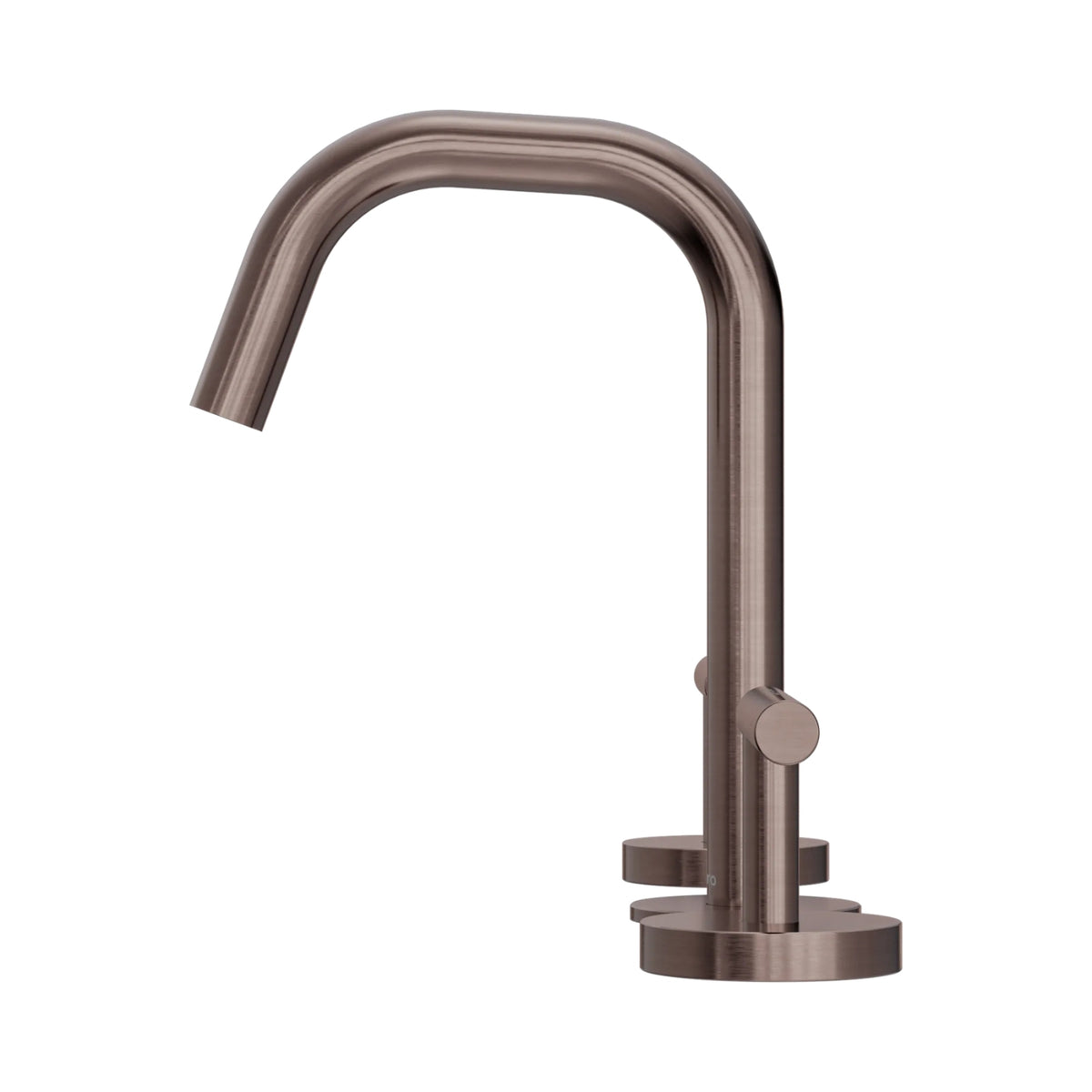 Nero Mecca brushed bronze basin set with edge spout and lever handles, shown on a white background