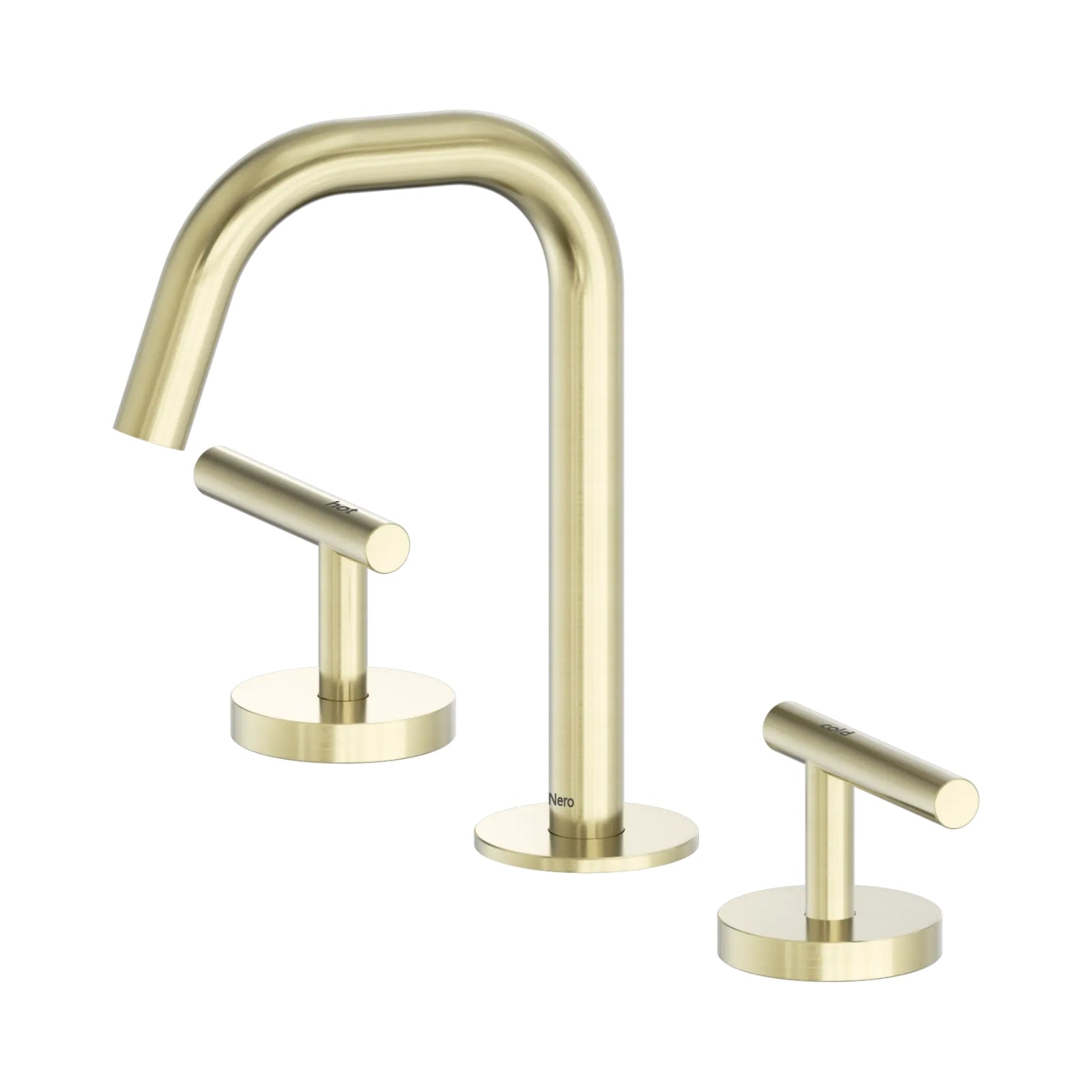 Nero Mecca 3-piece basin tap set in brushed gold with edge spout and lever handles, hob mounted on white background