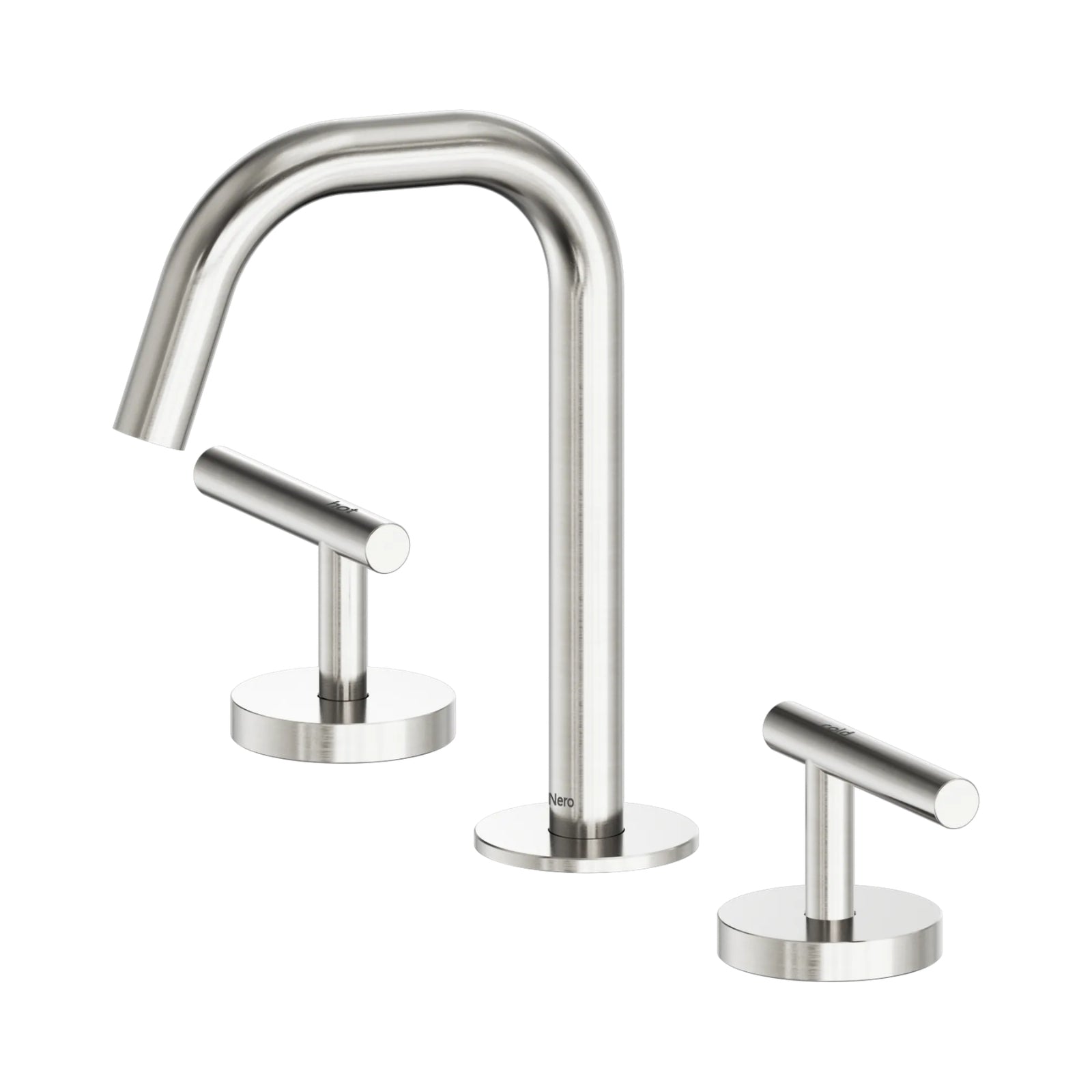 Nero Mecca 3-piece basin tap set in brushed nickel, with edge spout and two lever handles on round bases