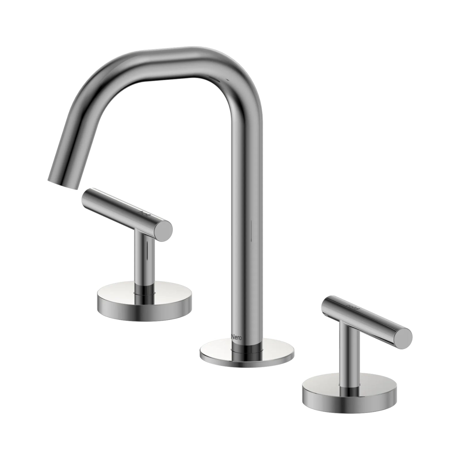 Nero Mecca 3 piece basin set in polished chrome with lever handles and edge spout, shown on white background