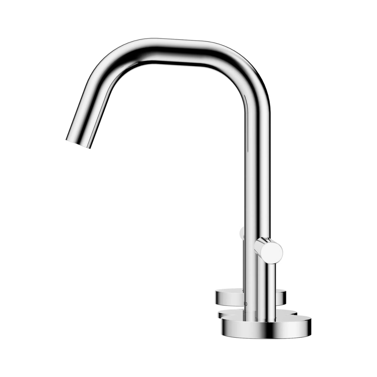 Nero Mecca chrome 3 piece basin set with edge spout and round lever handle, shown on white background