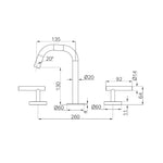 Technical drawing of Nero Mecca 3-piece basin set, chrome lever handles and edge spout with dimensions shown