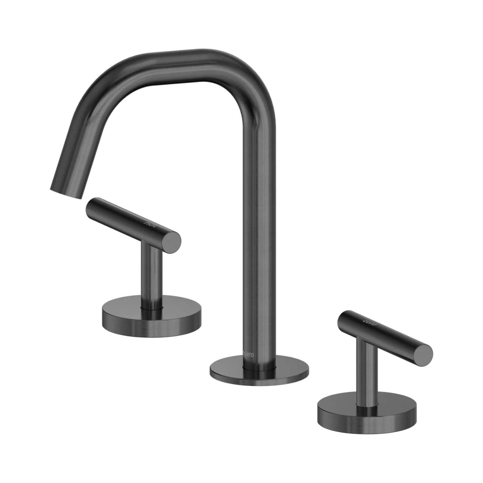 Nero Mecca three-piece basin tap set in gun metal with edge spout and lever handles, shown on white background