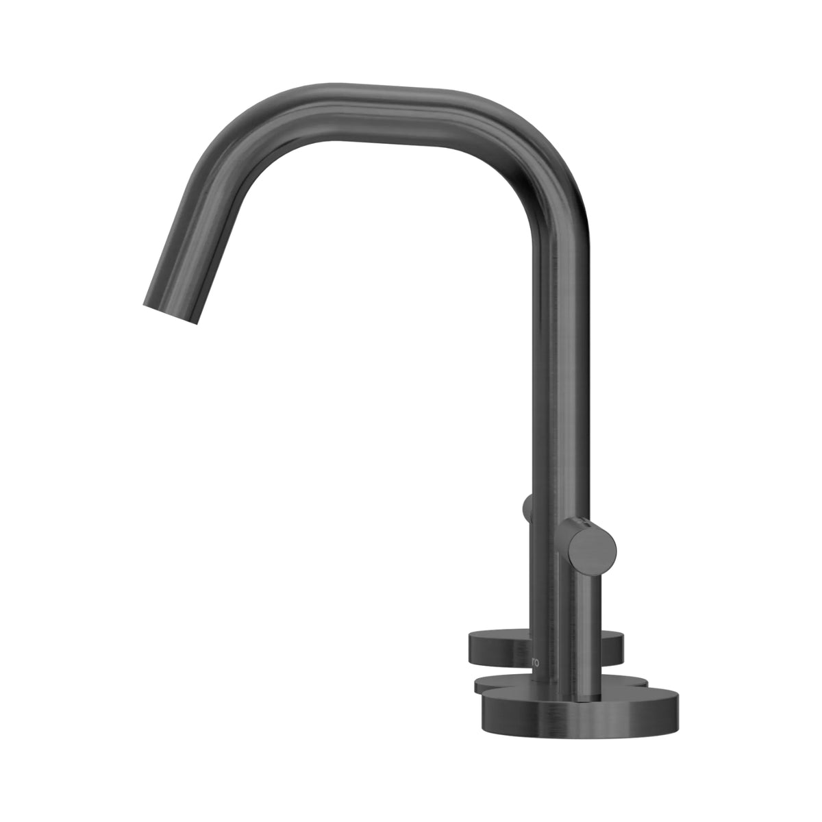 Nero Mecca 3 piece basin set in gun metal, with edge spout and round lever handles, side view on white background