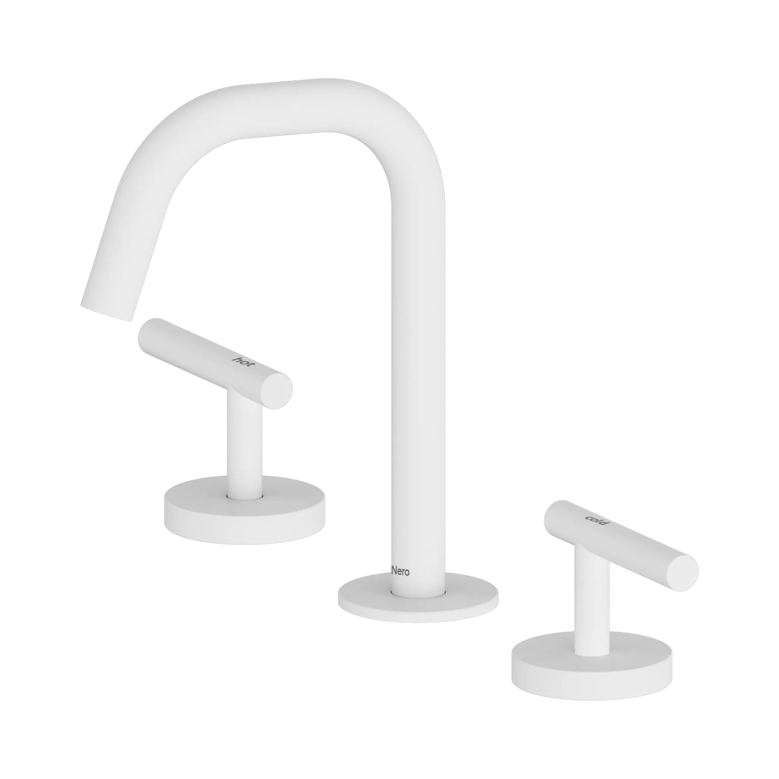 Nero Mecca 3-piece basin tap set in matte white with edge spout, lever handles and round bases on white background