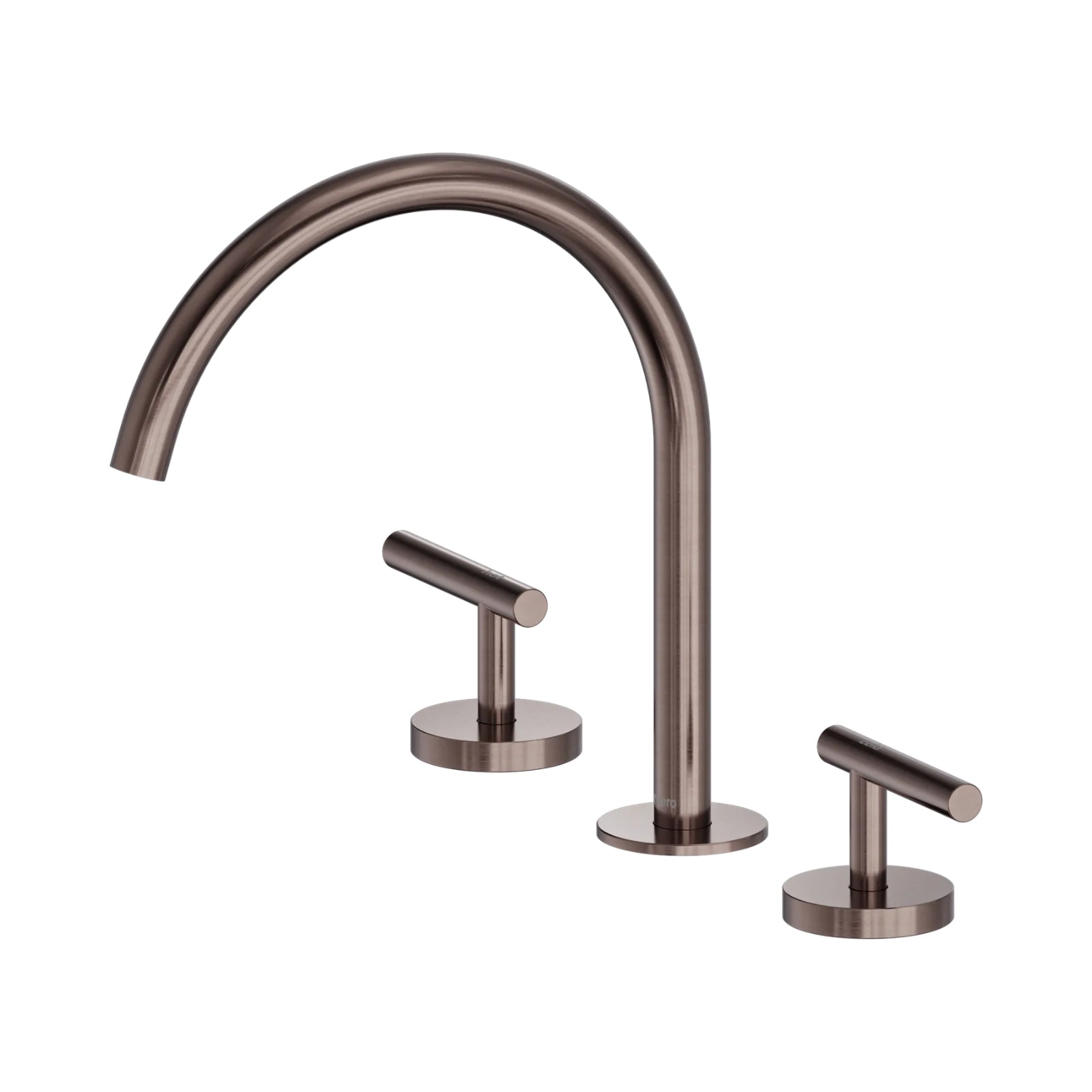 Nero Mecca 3-piece bath/kitchen tap set in brushed bronze with arc swivel spout and two lever handles
