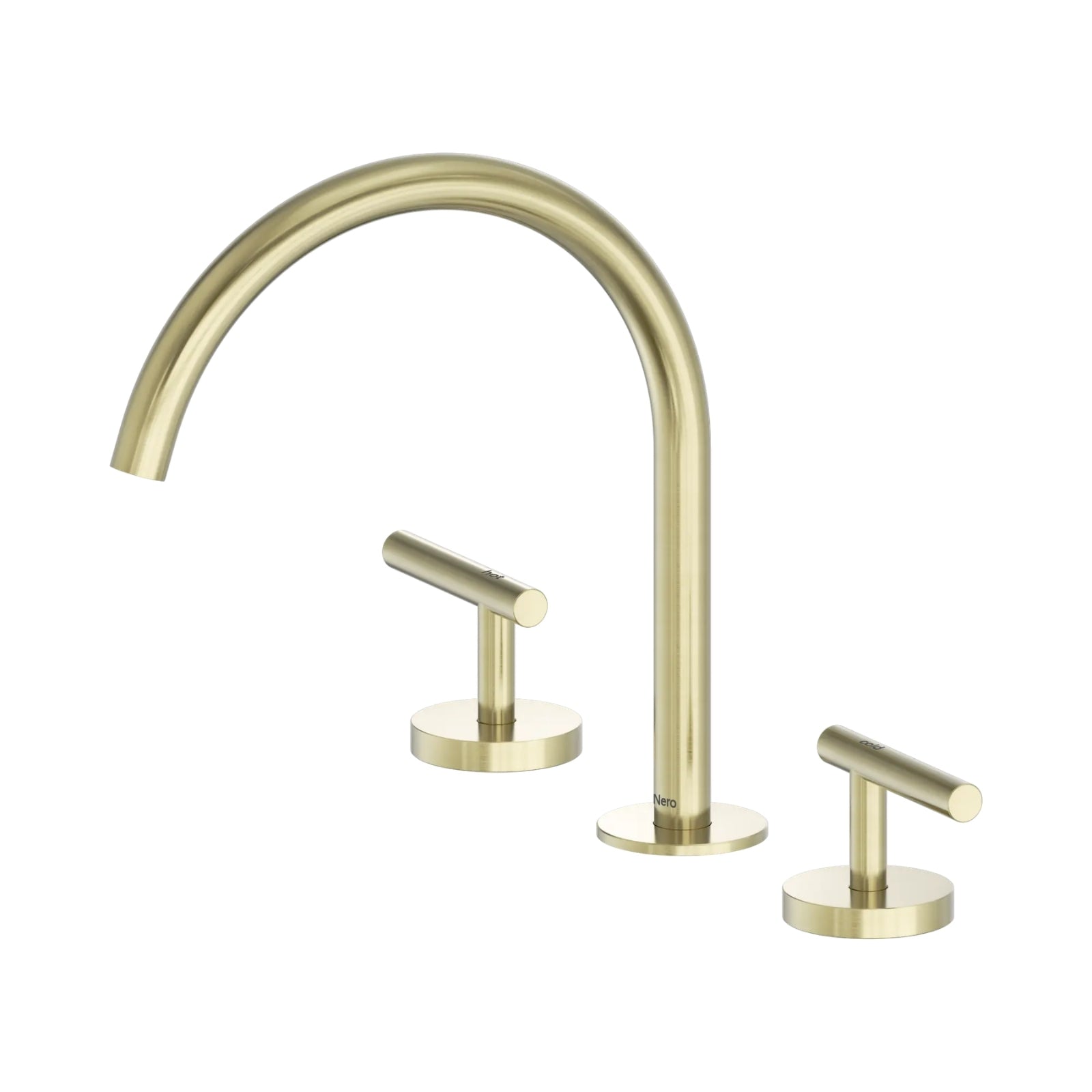 Nero Mecca 3-piece tap set in brushed gold with arc spout and twin lever handles on round bases