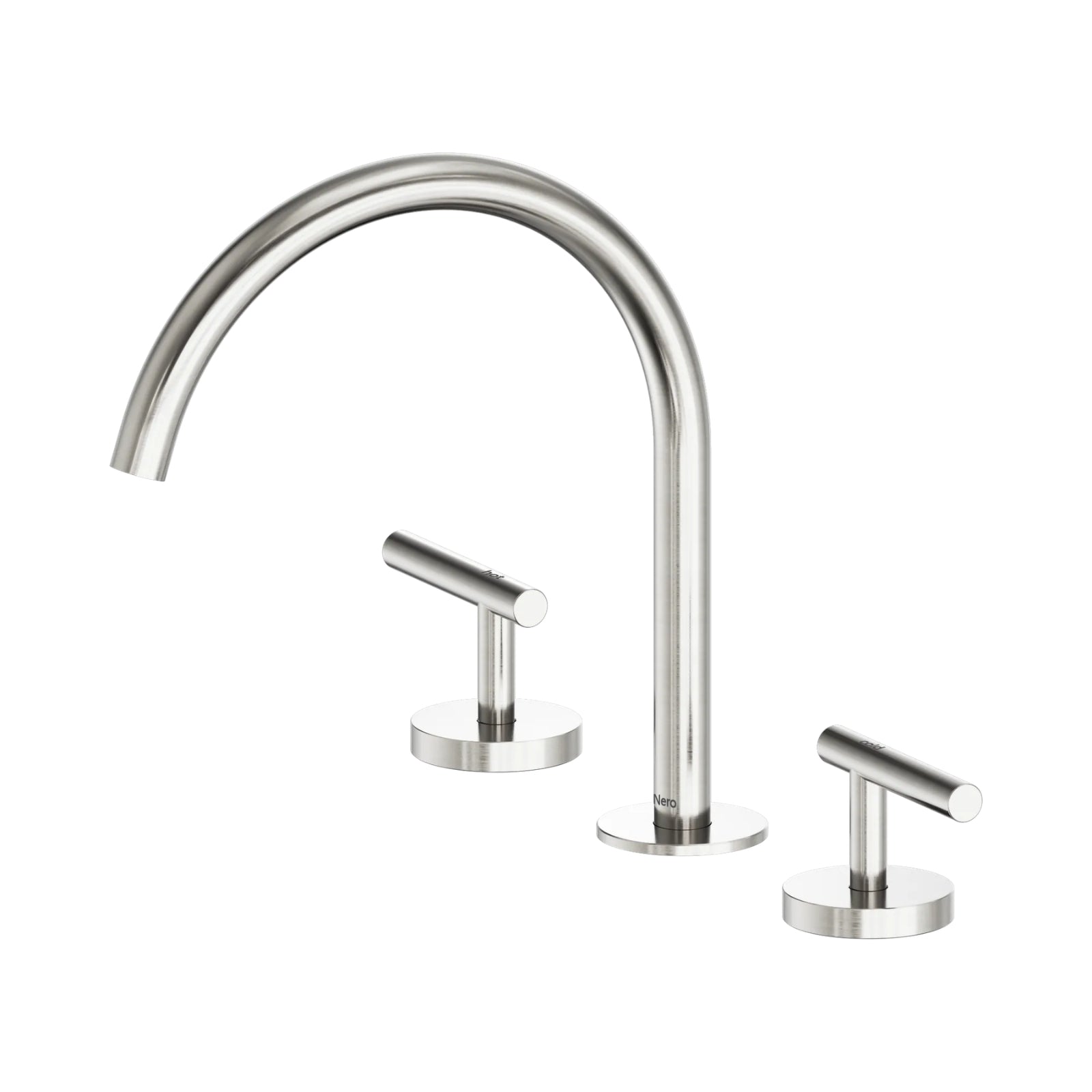 Nero Mecca brushed nickel 3-piece bath/kitchen tap set with arc spout and two lever handles on round bases