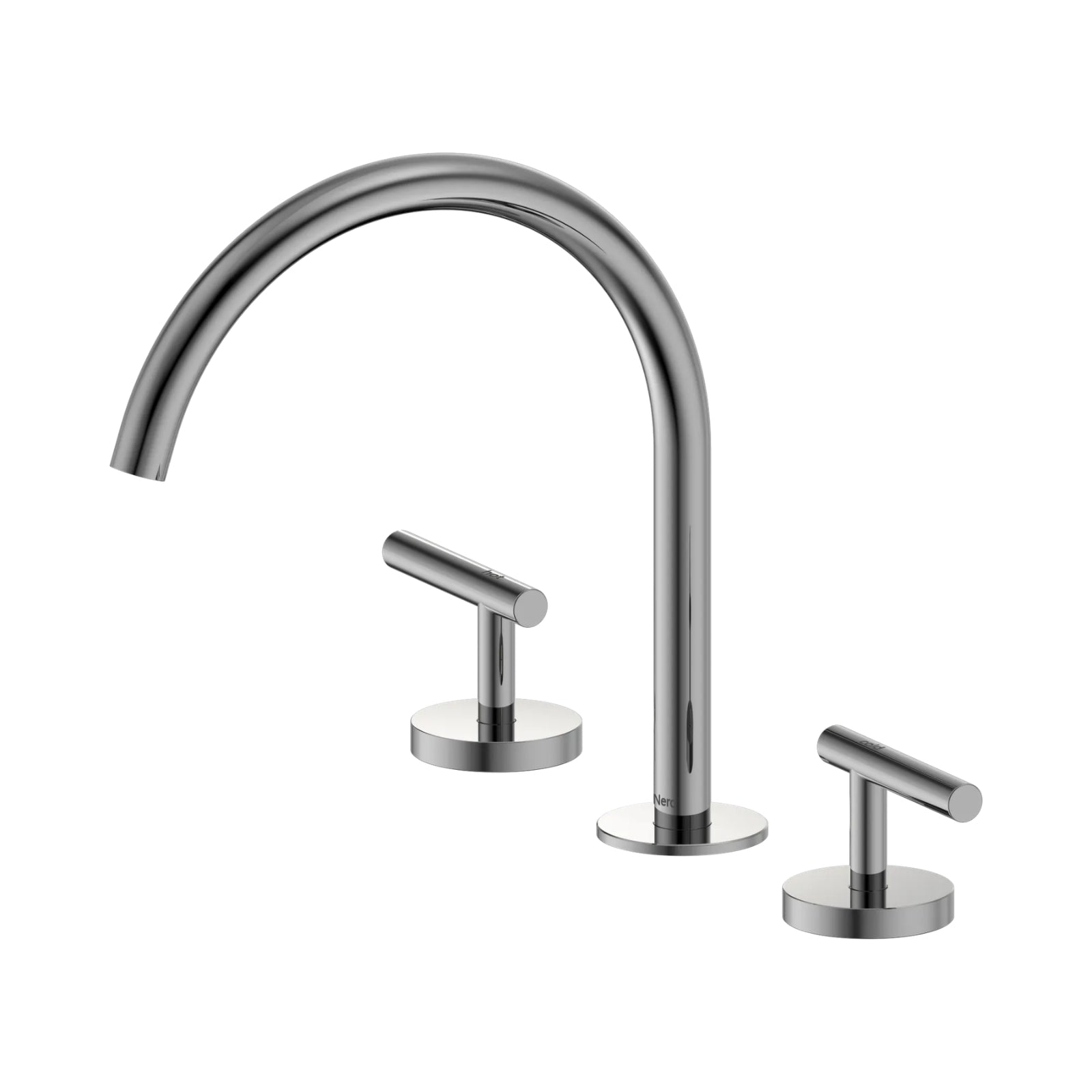 Nero Mecca chrome 3-piece tap set with arc spout and two lever handles on round bases, shown on white background