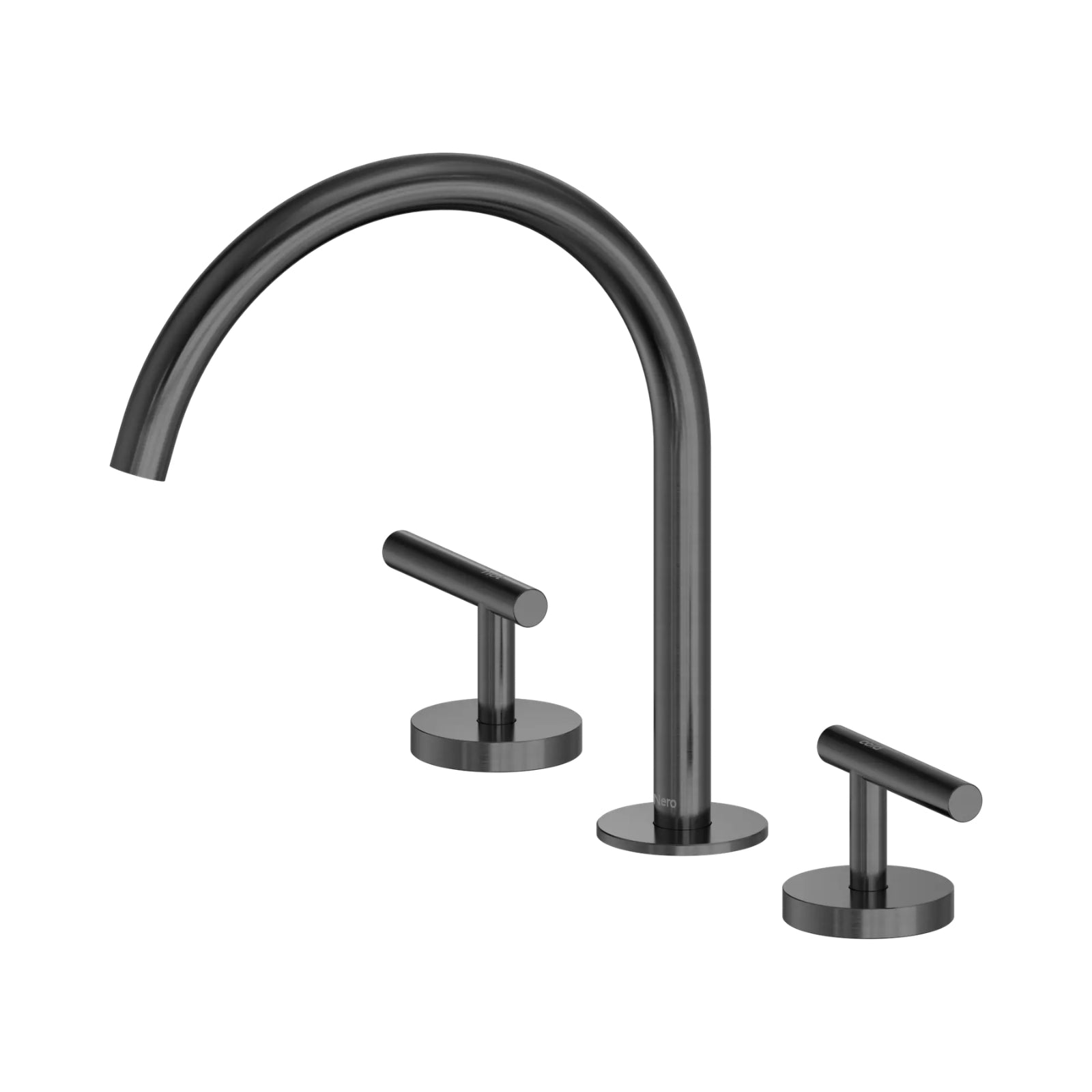 Nero Mecca gun metal 3-piece bath/kitchen tap set with arc spout and two lever handles on round bases