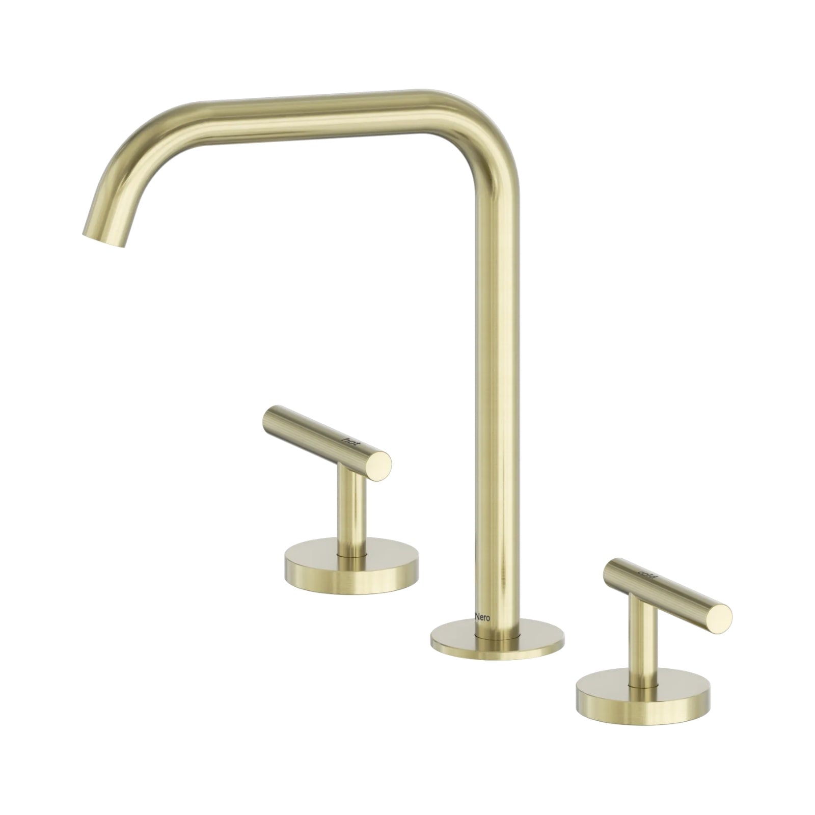 Nero Mecca three-piece tap set with curved spout and twin lever handles in brushed gold, shown on white background