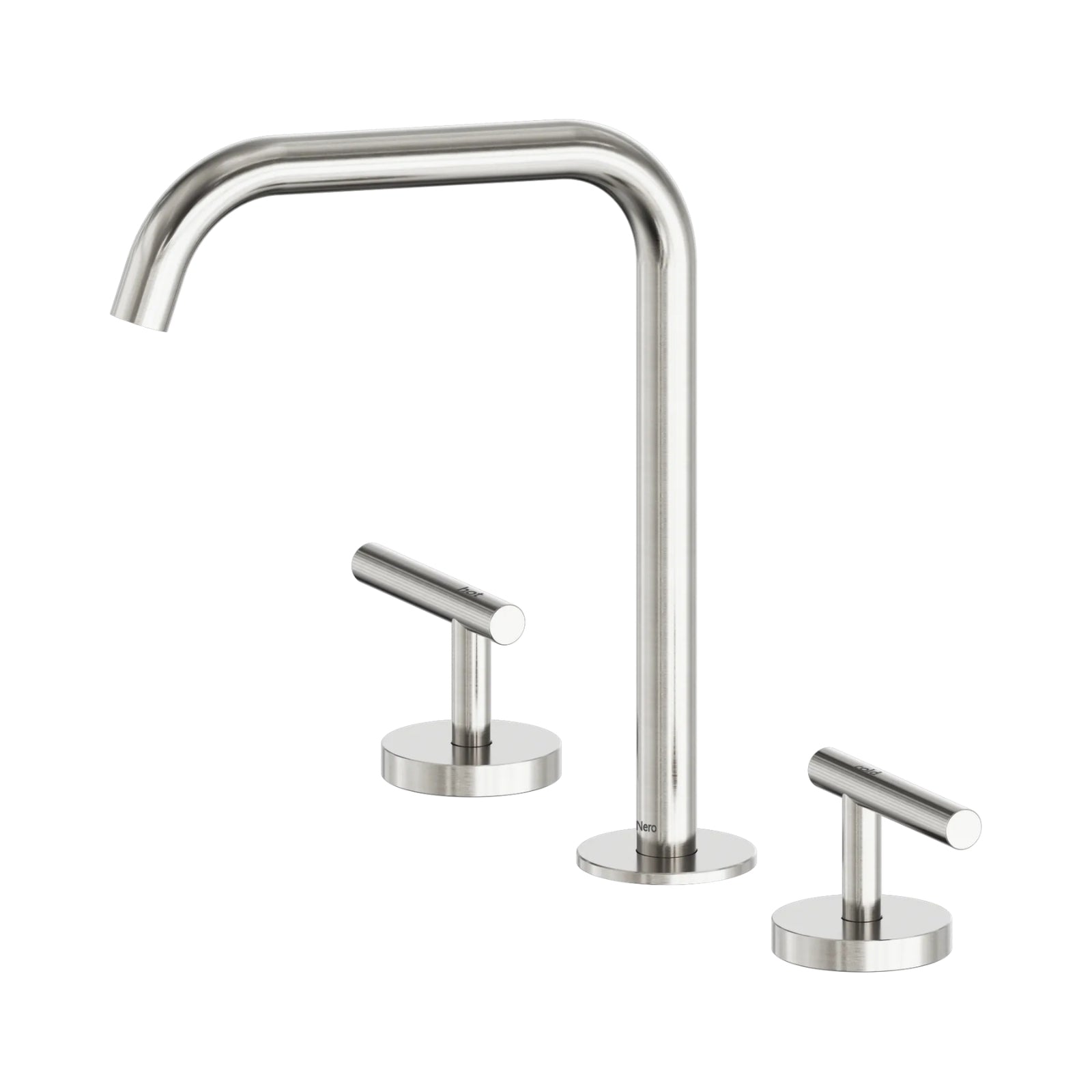 Nero Mecca three-piece tap set in brushed nickel, with edge spout and two lever handles, shown on white background