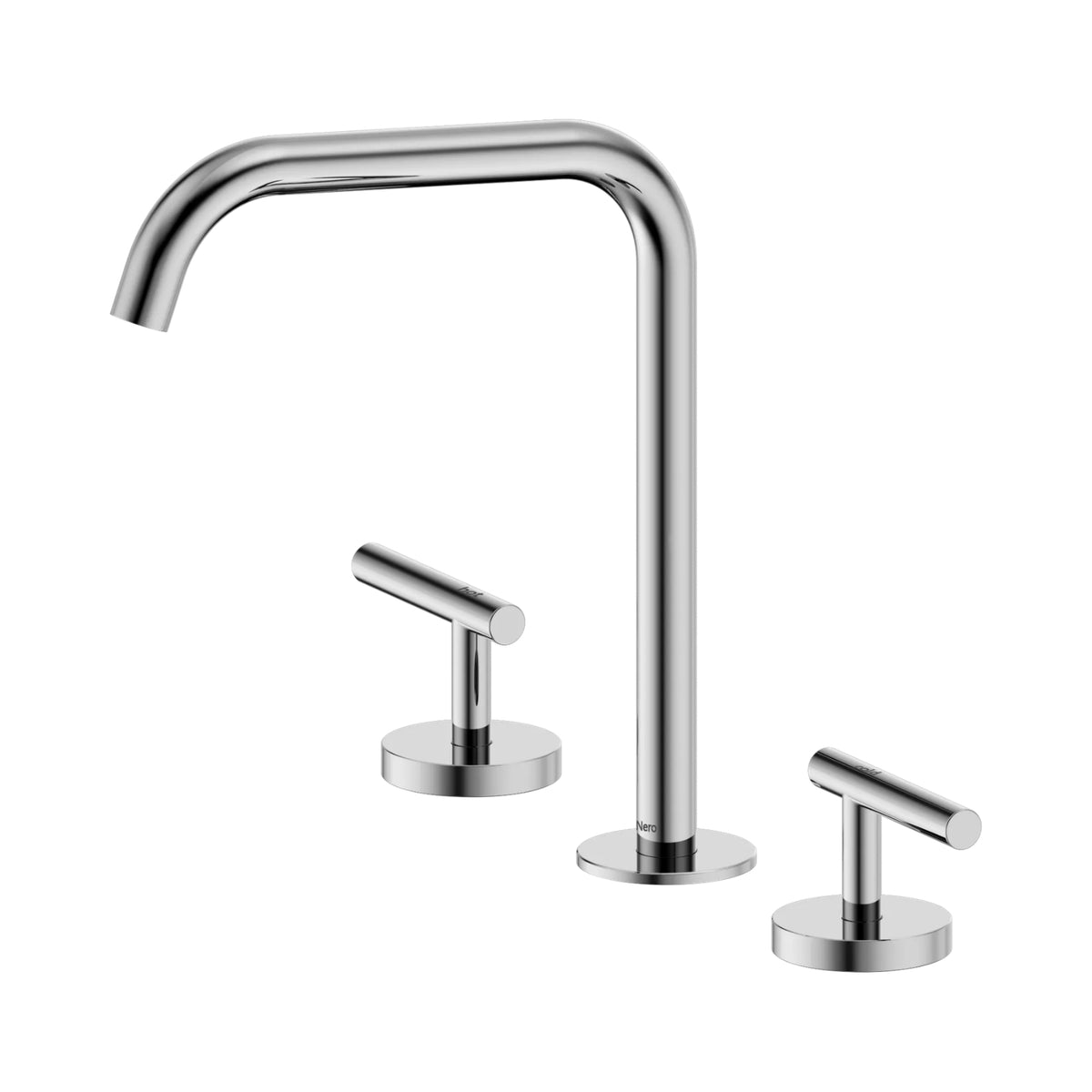 Nero Mecca three-piece bath/kitchen tap set in chrome with edge spout and matching lever handles, front view on white background