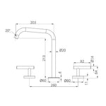Nero Mecca chrome Edge spout tap set technical drawing with dimensions, side and front views, hob mounted 3-piece sink set details