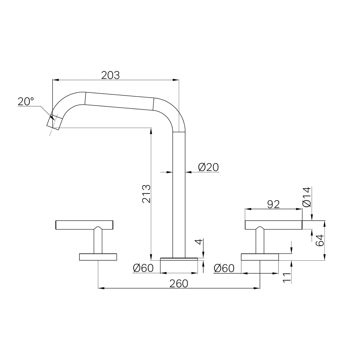 Nero Mecca chrome Edge spout tap set technical drawing with dimensions, side and front views, hob mounted 3-piece sink set details