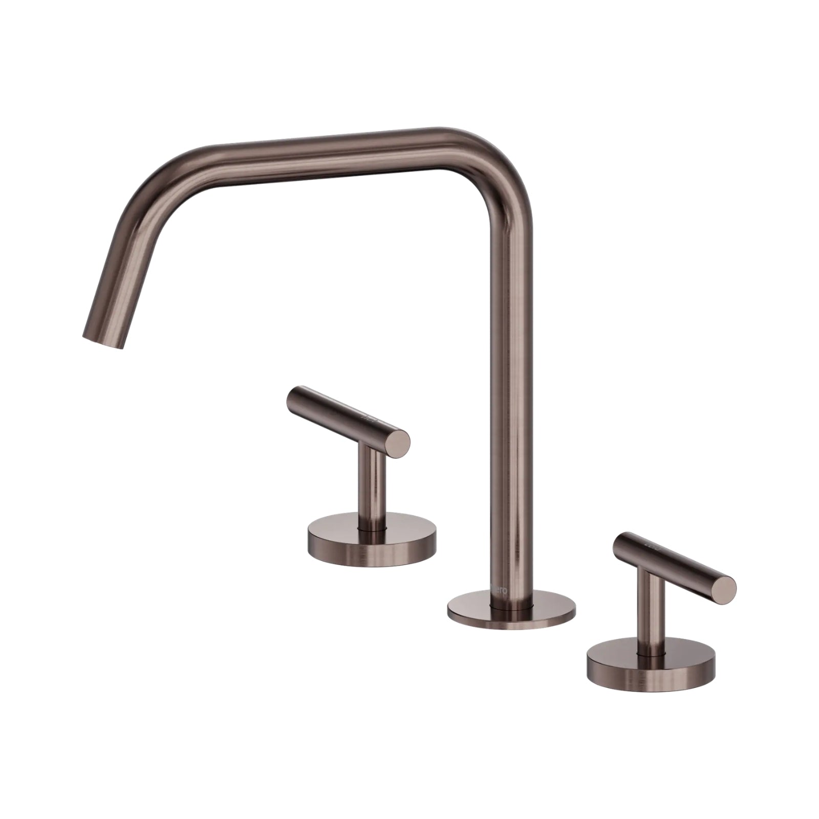 Nero Mecca 3-piece bath/kitchen tap set in brushed bronze with swivel edge spout and two lever handles on white background