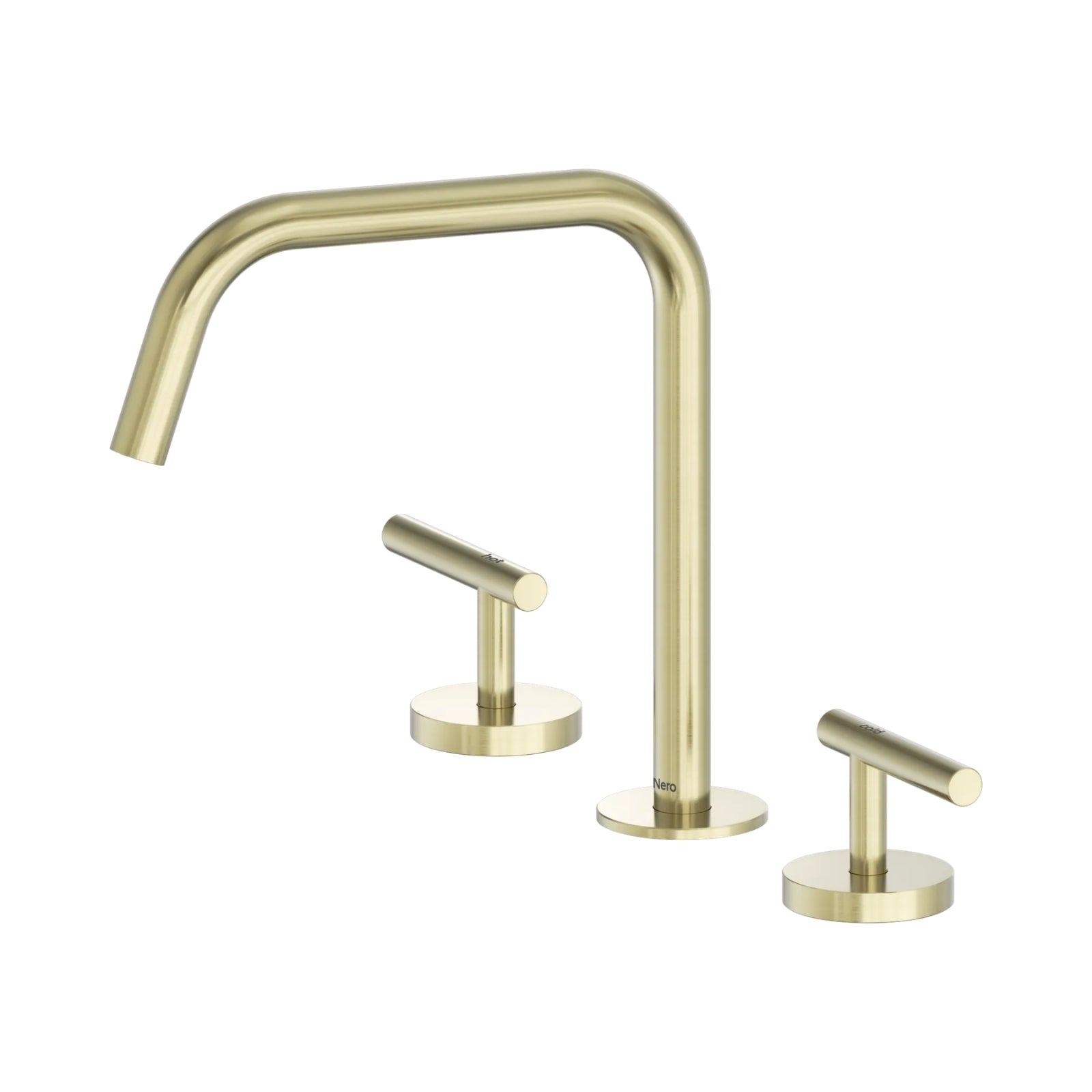 Nero Mecca brushed gold 3-piece tap set with swivel spout and two lever handles on round bases
