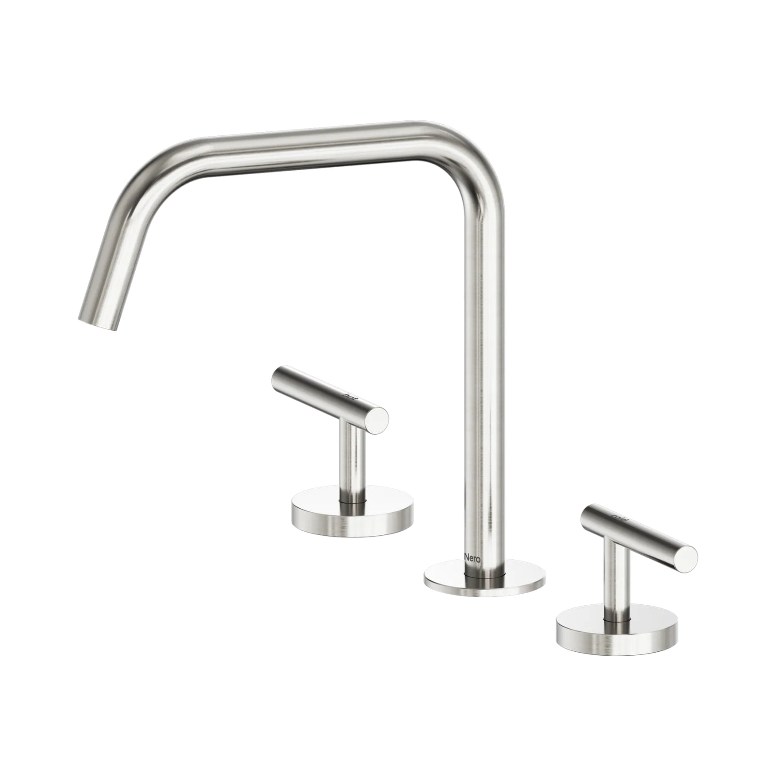 Nero Mecca brushed nickel three-piece lever bath and kitchen tap set with swivel edge spout on white background