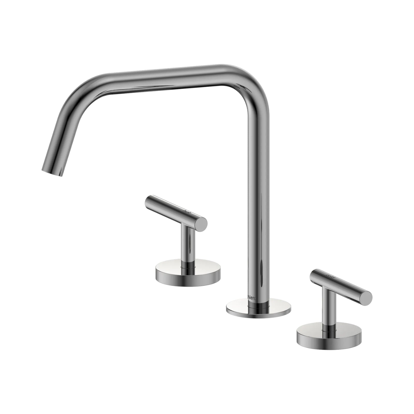 Nero Mecca chrome 3 piece bath/kitchen tap set with Edge spout and two lever handles, on white background