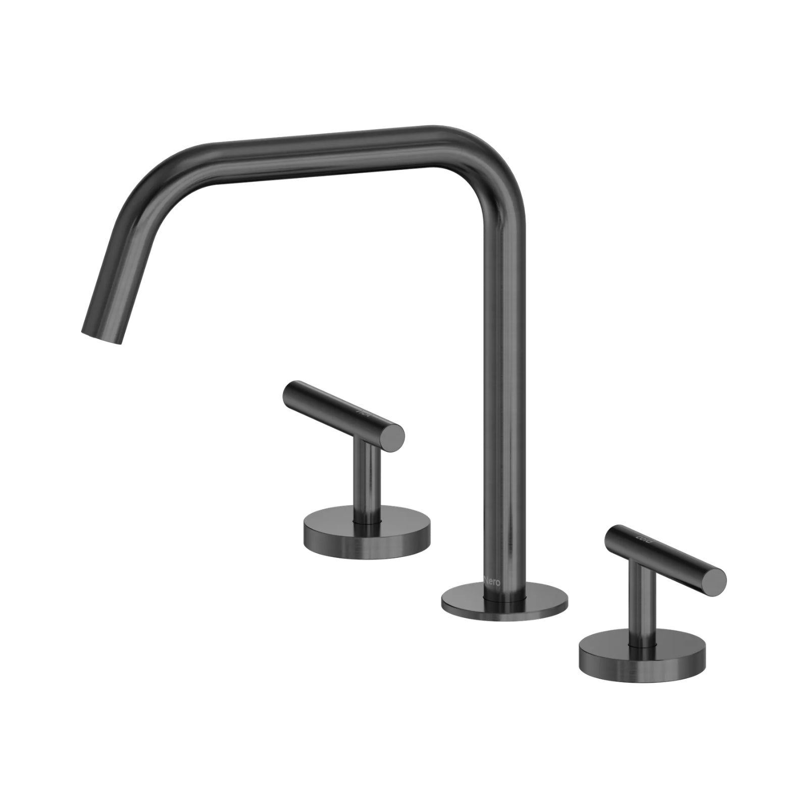 Nero Mecca three-piece sink set in gunmetal, with swivel edge spout and two lever handles on round bases