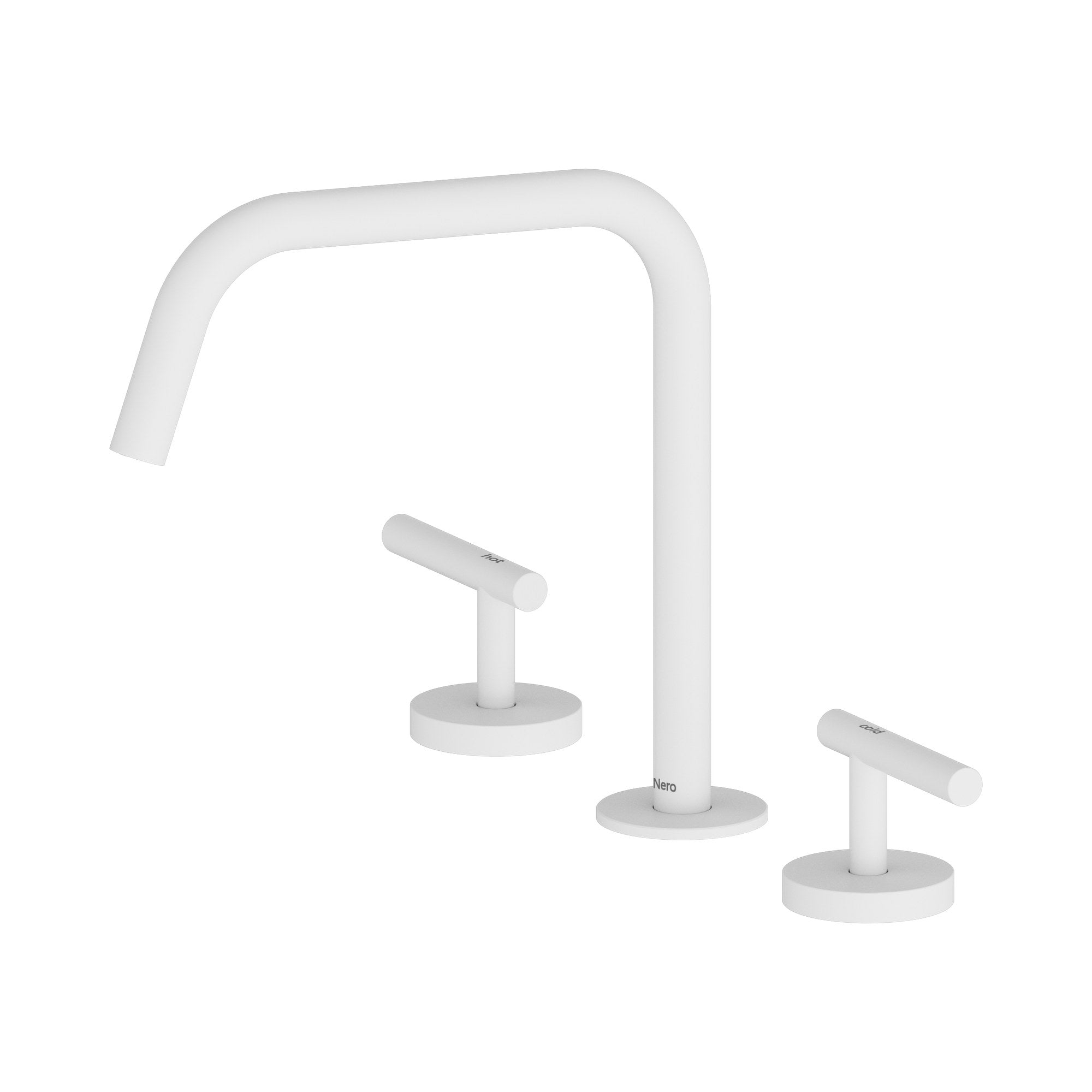 Nero Mecca matte white bath/kitchen tap set with Edge spout and two lever handles on round bases, isolated on white background