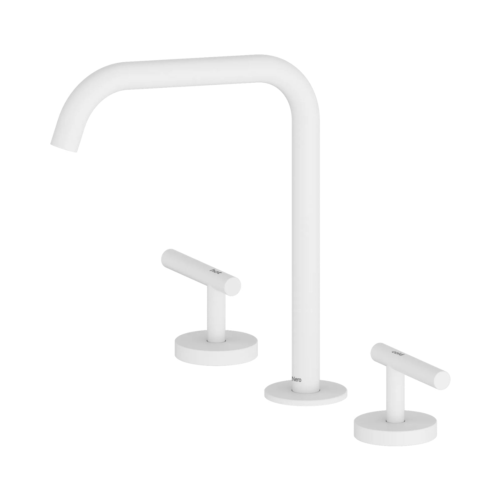 Nero Mecca 3-piece bath and kitchen tap set in matte white, with swivel edge spout and lever handles on round bases