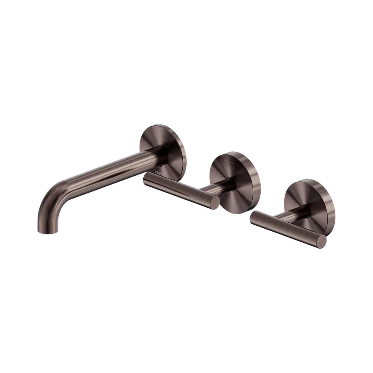 Nero Mecca wall basin/bath set in brushed bronze, with offset spout and two lever handles, shown on white background