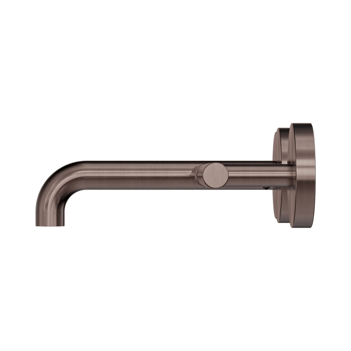 Nero Mecca wall-mounted basin/bath spout in brushed bronze, side view with round wall plate and offset 160mm outlet