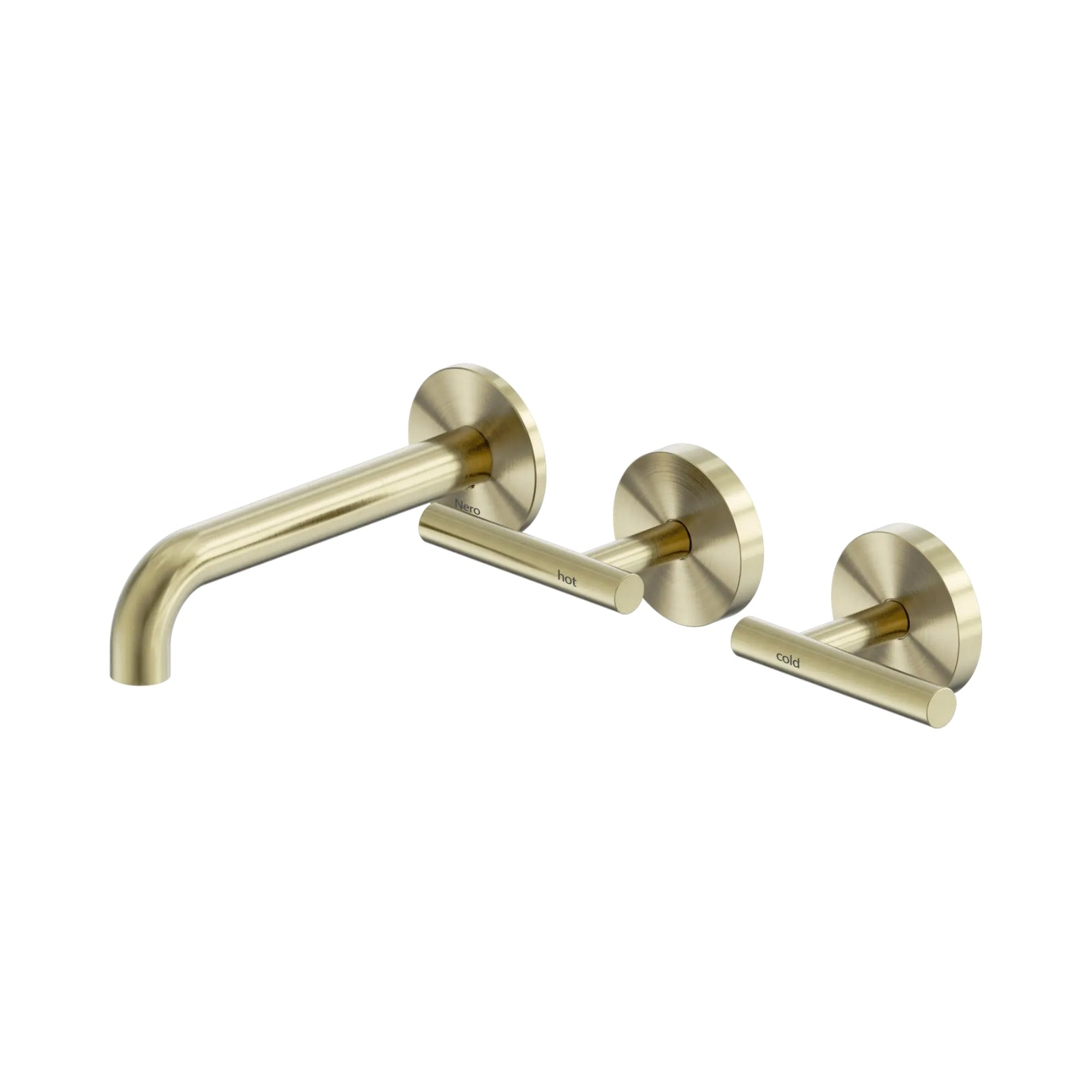 Nero Mecca 3-piece wall basin/bath tap set in brushed gold, with offset spout and hot/cold lever handles on round plates