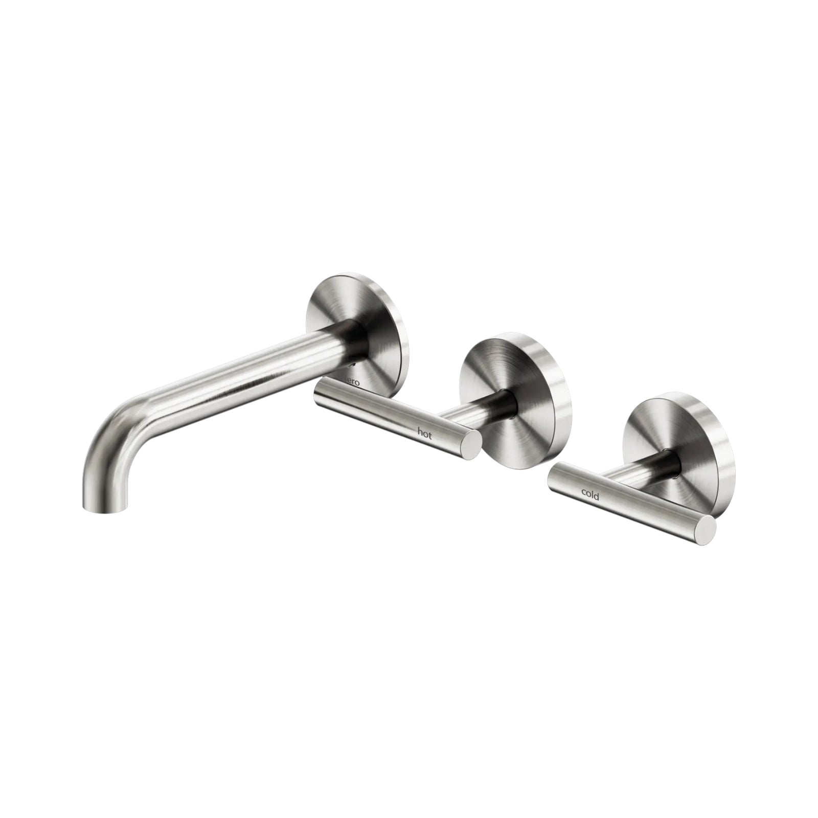Nero Mecca brushed nickel wall basin/bath set with offset spout and lever handles, shown on white background