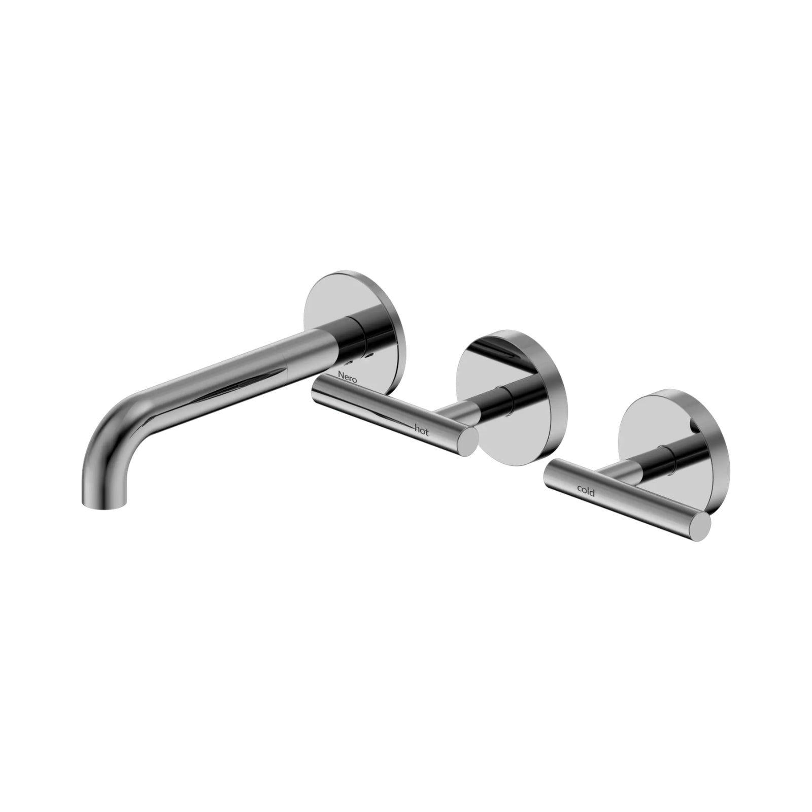 Nero Mecca chrome wall basin/bath set with offset spout and hot and cold lever handles on round plates