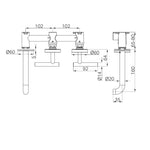 Technical drawing of Nero Mecca wall basin/bath set, offset spout and lever handles, showing dimensions in gun metal finish