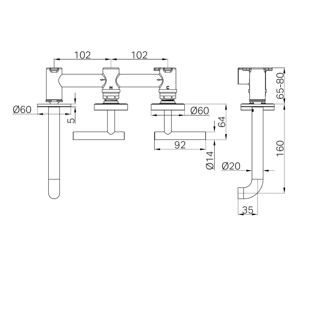 Technical drawing of Nero Mecca wall basin/bath set, offset spout and lever handles, showing dimensions in gun metal finish
