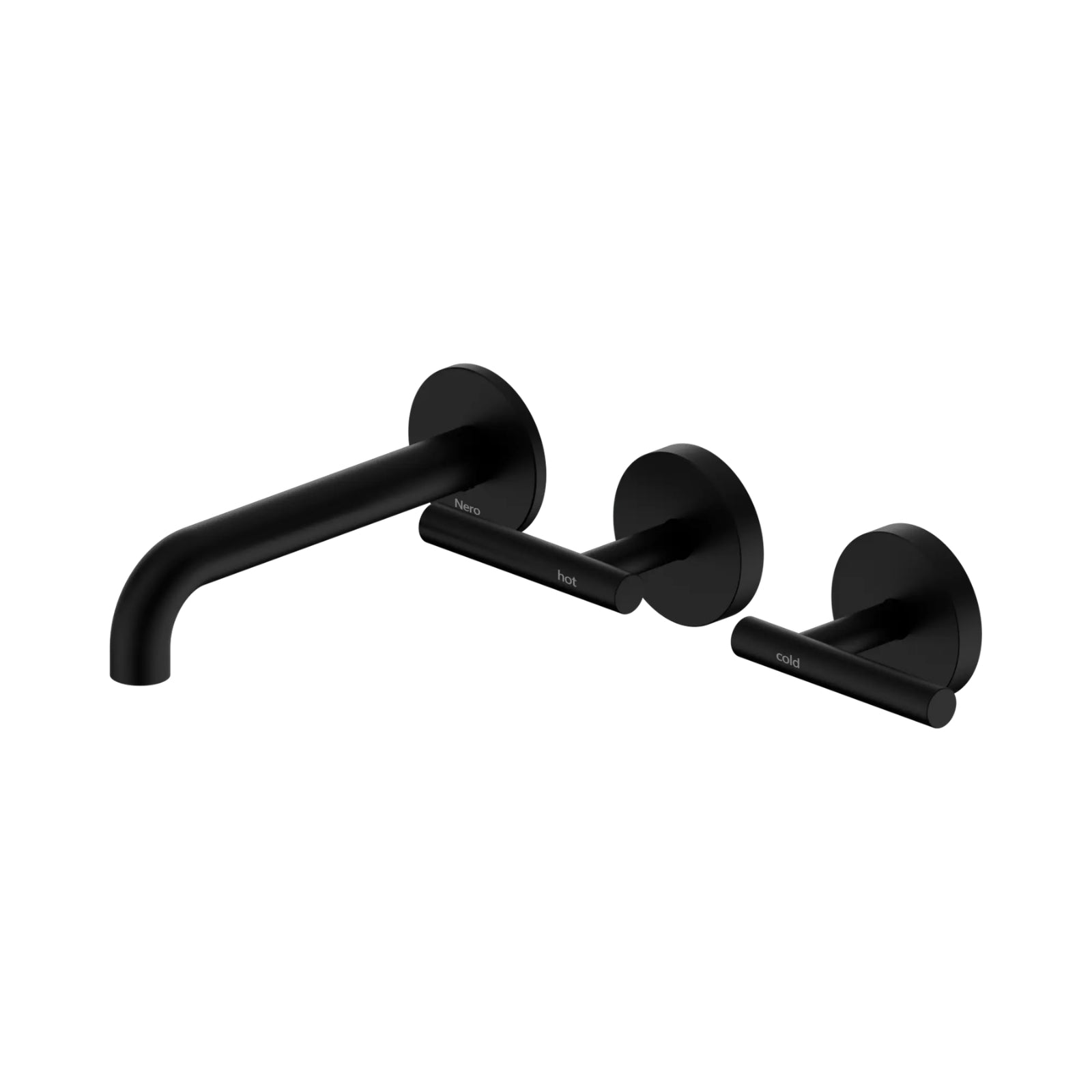 Nero Mecca matte black wall basin/bath tap set with offset spout and separate hot and cold lever handles