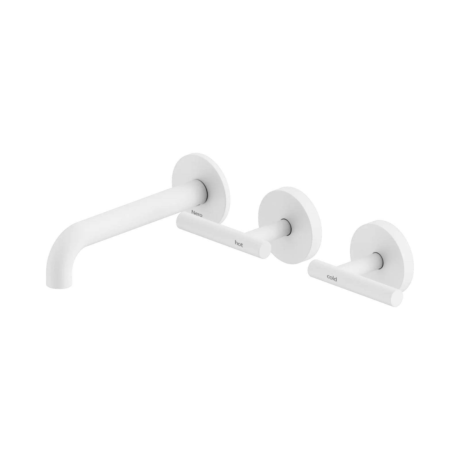Nero Mecca matte white wall basin/bath set with offset spout and slim hot and cold lever handles, front view on white background