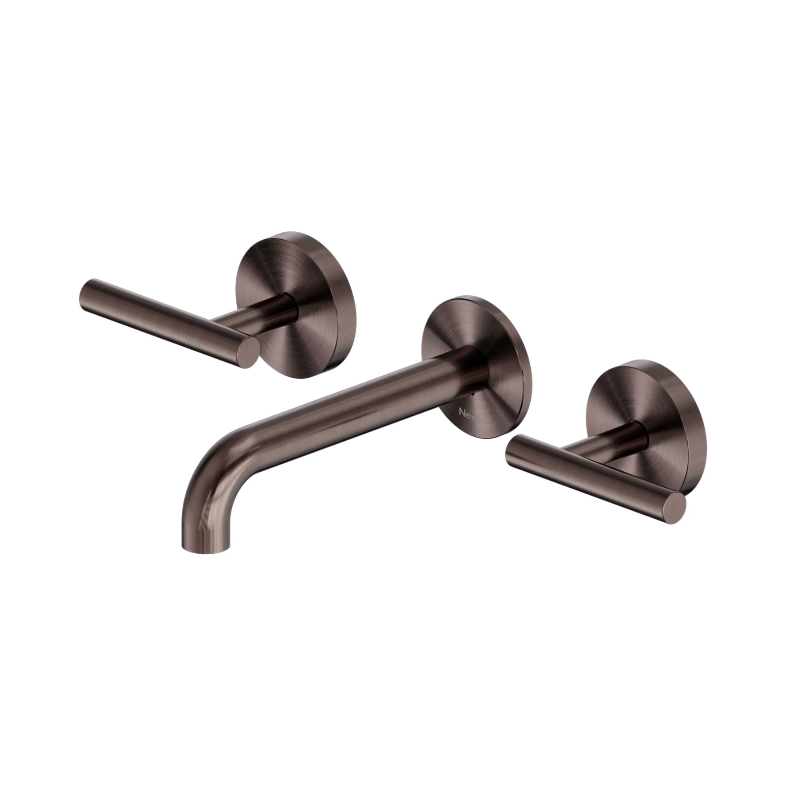 Nero Mecca three-piece wall basin/bath set in brushed bronze, with 160mm spout and lever handles on round backplates