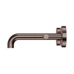 Nero Mecca wall basin/bath spout in brushed bronze, side view with round wall plate and curved outlet