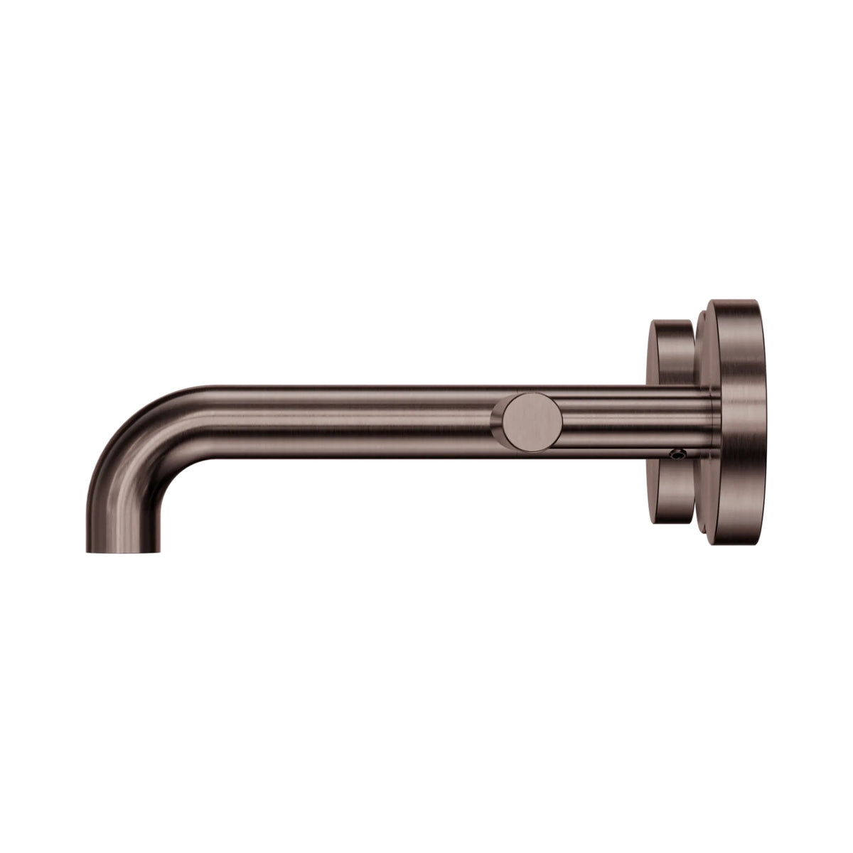 Nero Mecca wall basin/bath spout in brushed bronze, side view with round wall plate and curved outlet