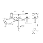 Nero Mecca wall basin/bath set technical drawing, brushed bronze 160mm spout with dimensions and side view