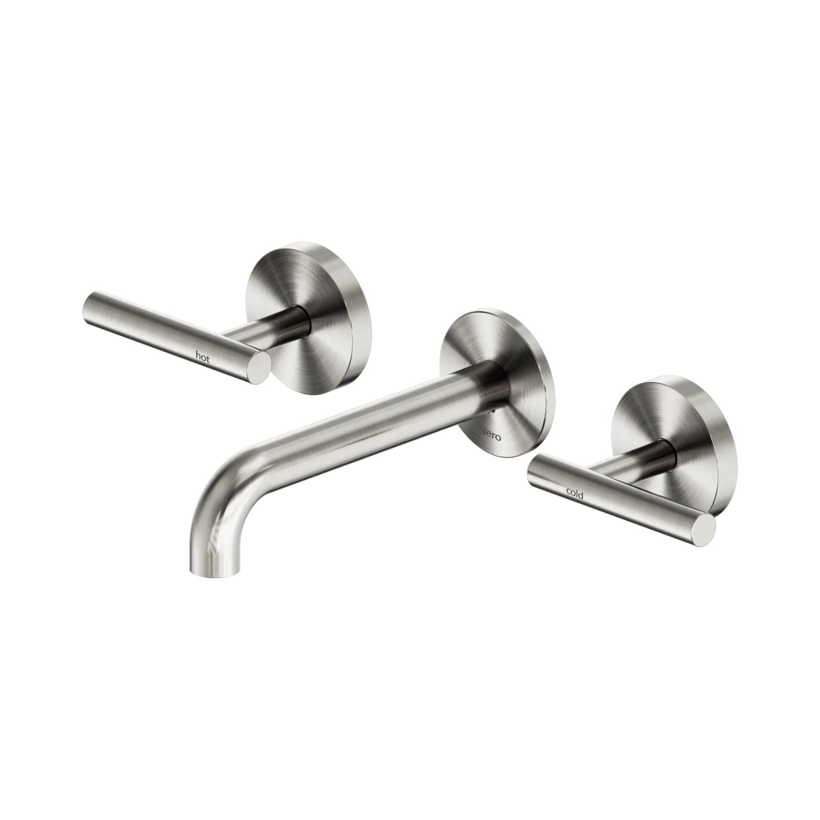 Nero Mecca brushed nickel wall basin/bath set with 160mm spout and hot/cold lever handles on round plates