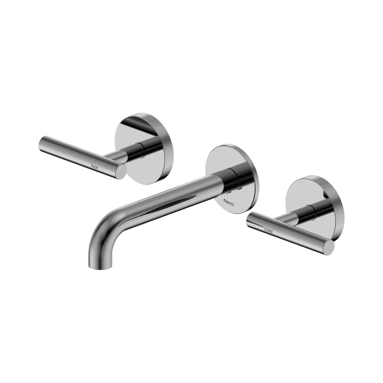 Nero Mecca chrome wall basin/bath tap set with hot and cold lever handles and curved 160mm spout on round wall plates