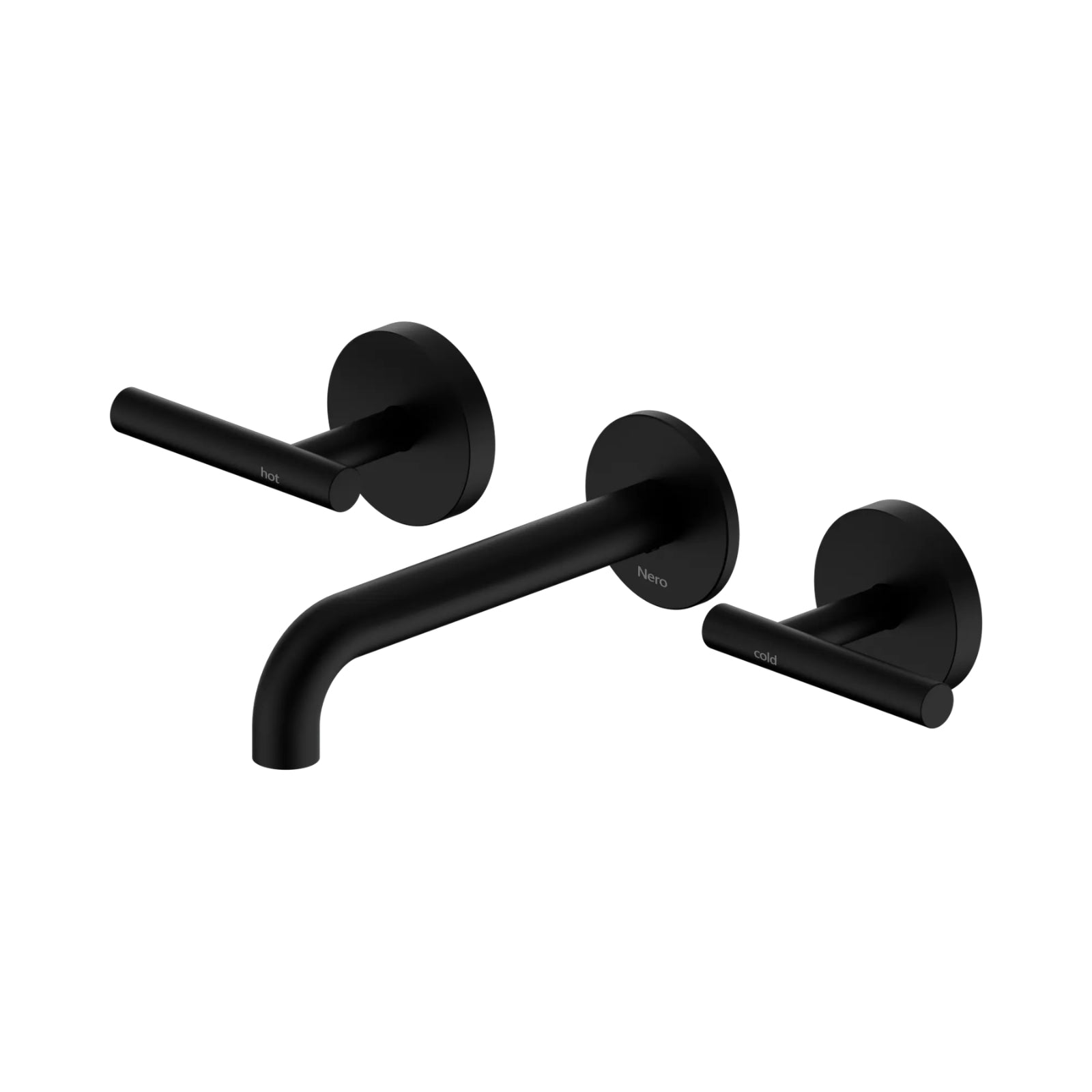 Nero Mecca 3-piece wall basin/bath tap set in matte black with lever handles and 160mm spout, front view